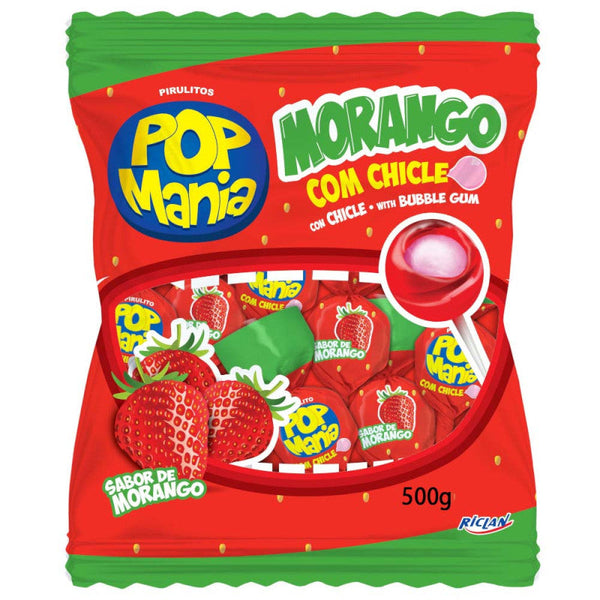 Pirulito Pop Mania Morango com chicle - 500g